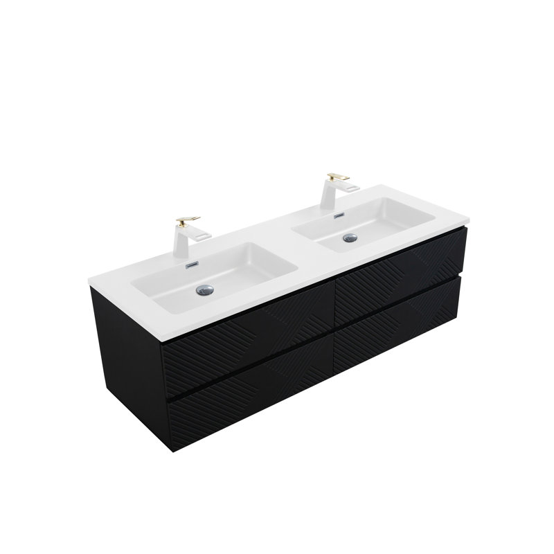 Blancha 60 po L x 21 po P 4 tiroirs Meuble-lavabo mural avec évier double et Comptoir en Polymarbre blanc