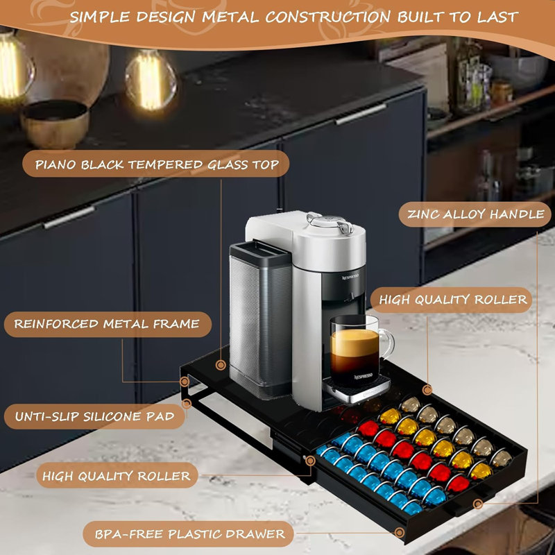 Tiroir à dosettes Vertuo, organisateur de dosettes Nespresso avec plateau en verre trempé noir, tiroir coulissant lisse, conception compacte