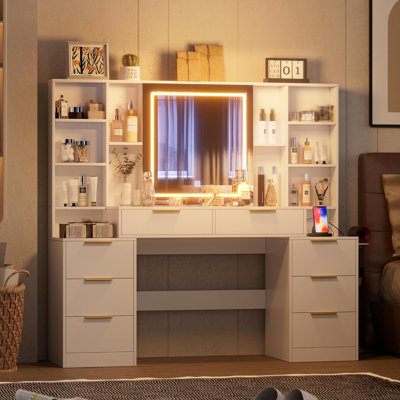 Bureau de maquillage avec miroir et lumières, grande table de coiffeuse de 59 po avec 8 tiroirs et tablettes de rangement ouvertes, luminosité réglable, coiffeuse pour chambre à coucher, femme et fille