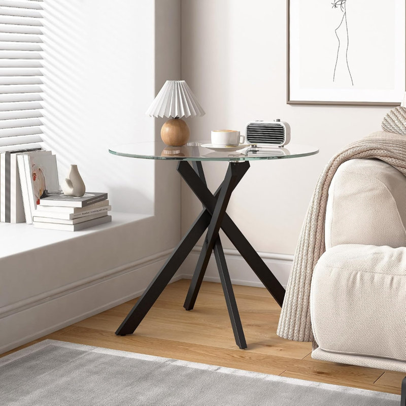 Metal Tubular Legs and Tempered Glass Top Side Table, End Table for Small Space