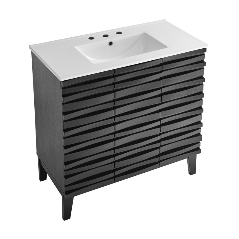 Meuble-lavabo en chêne noir Cascade 36 po avec comptoir en céramique blanc à 3 trous, Blanc, Noir