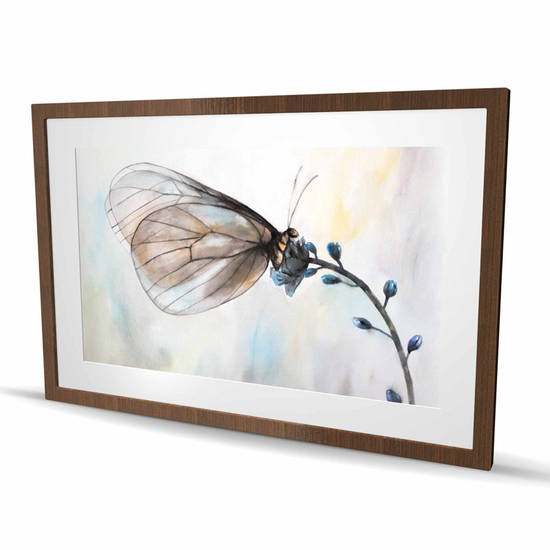 Papillon sur fleurs bleues - reproduction romantique encadrée pour la décoration
