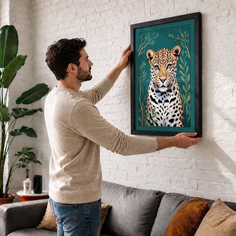 Leopard Portrait Modern - Framed Print, A2 - 59.4 x 42.0 cm, Walnut