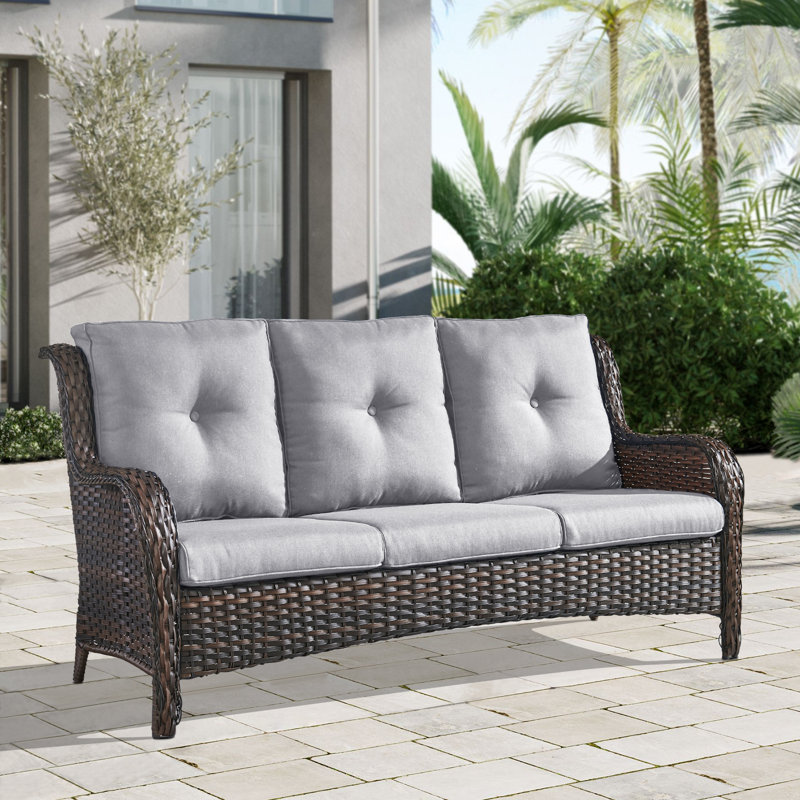 Canapé d'extérieur en osier de 75 po avec coussins Bonia, Gris, Brun