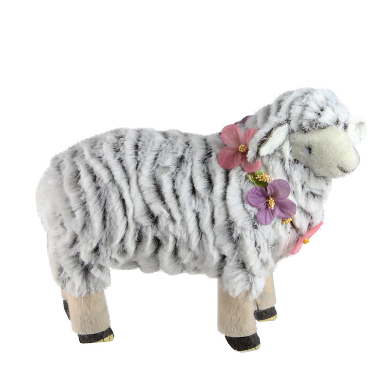 8" White and Pink Artificial Standing Sheep Wearing Flower Necklace