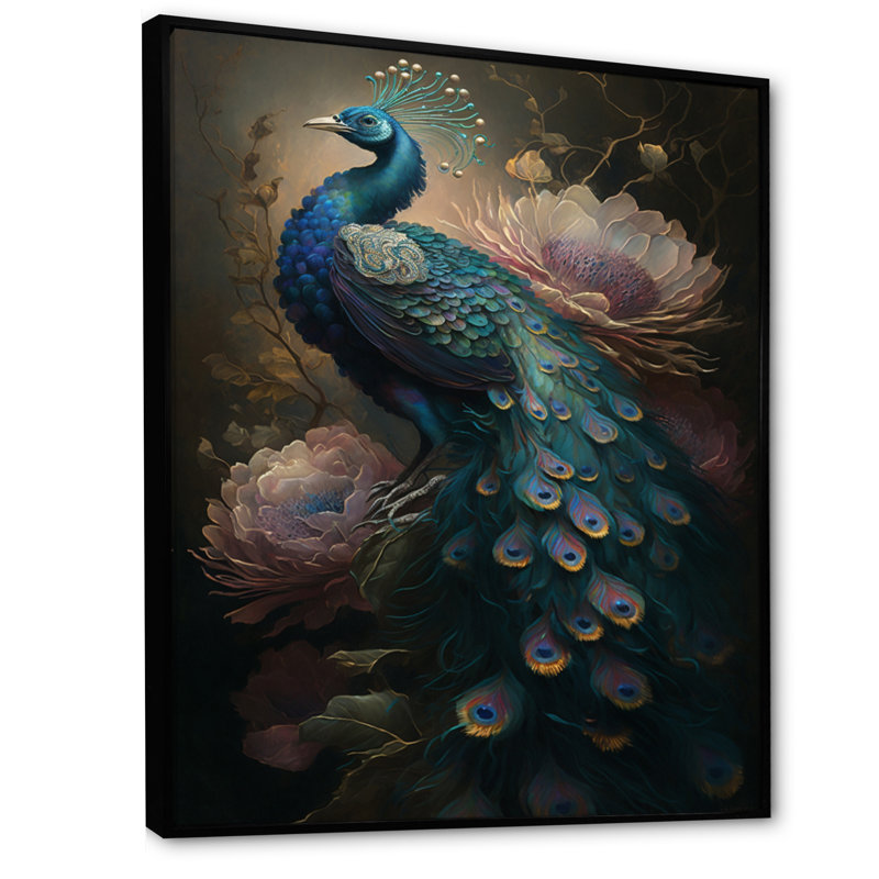 Paon avec fleurs - reproduction sur toile, H 20 po x l 12 po, Reproduction avec cadre flottant, Noir