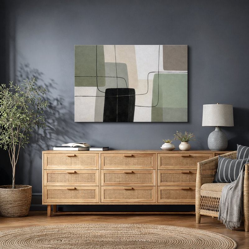 Abstrait vert beige, dessin au trait géométrique, photos de salon moderne, impression sur toile encadrée, Toile tendue