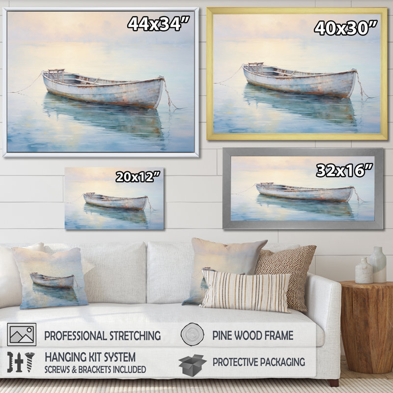 Bateau, eaux éthérées I - impressions sur toile, H 34 po x l 44 po, Reproduction avec cadre flottant, Argent argent