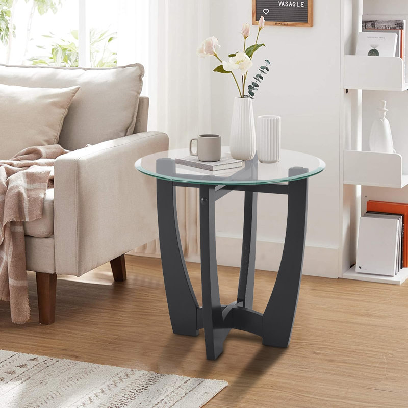 23.5" Round Glass Coffee Table with Black Wood Base for Living Room & Office, Clear Top/Black Base 