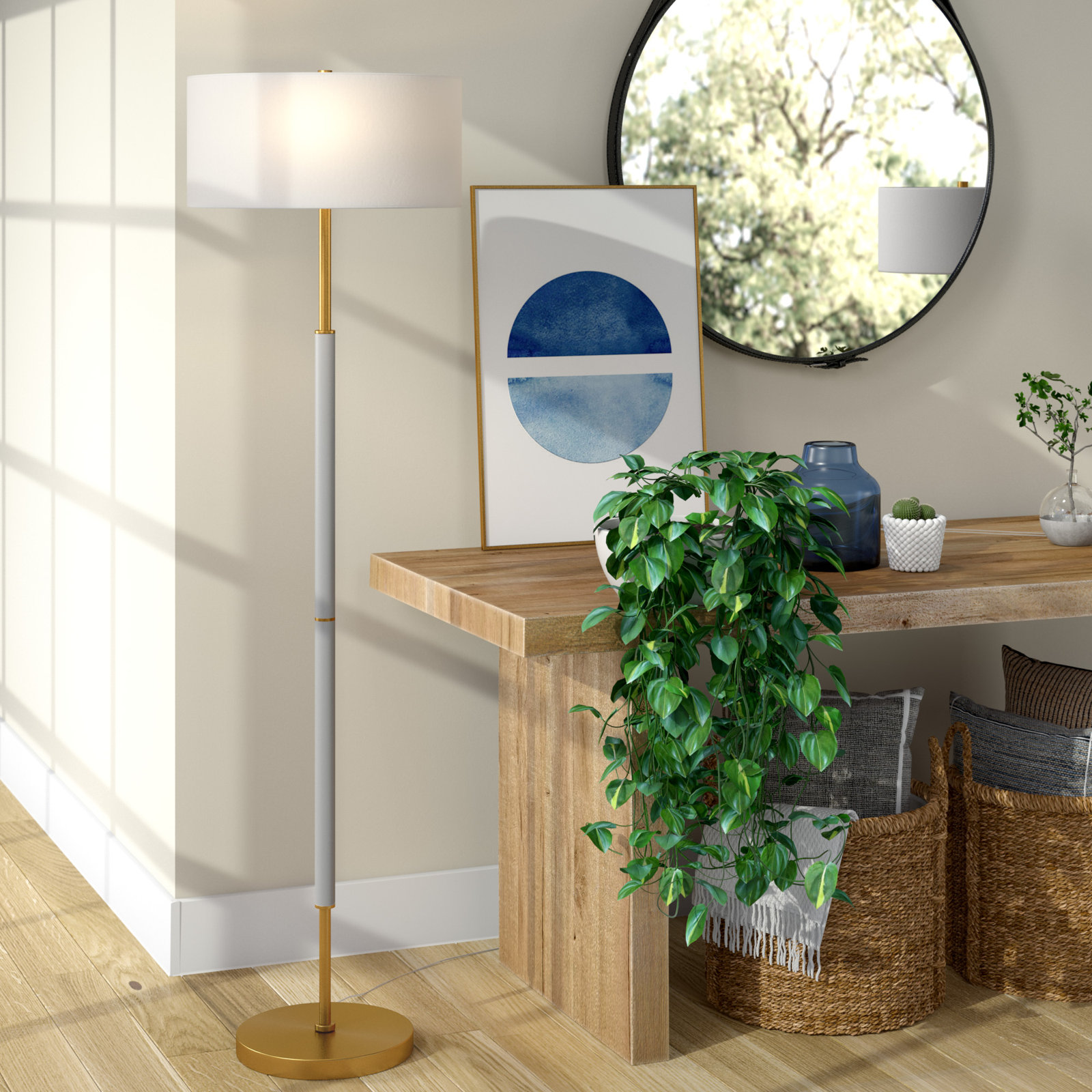 Olie 61" Floor Lamp, Cool Gray/Brass