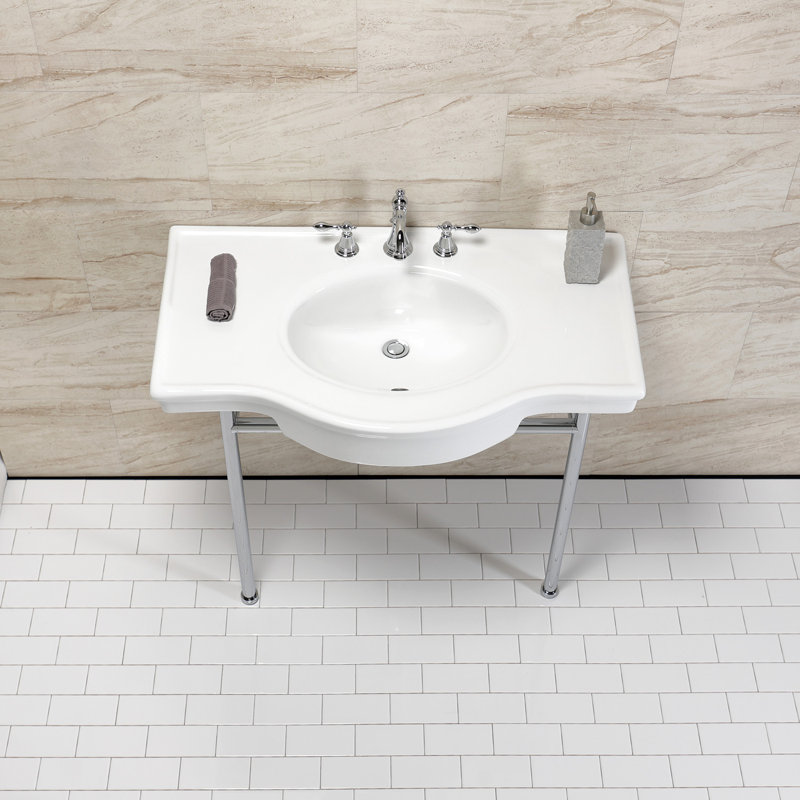 Lavabo de salle de bain console en céramique avec trop-plein, Blanc / chrome poli