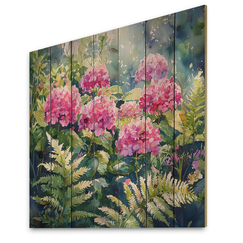 Hortensias tropicaux dans la forêt de fougères II - Art mural en bois d'hortensias - sur bois de pin naturel