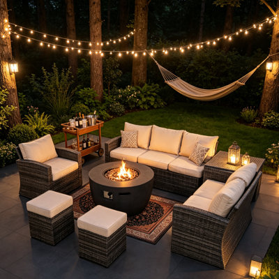 8-Person All-Weather Wicker Patio Set - Premium Fire Pit Table For Outdoor Gatherings
