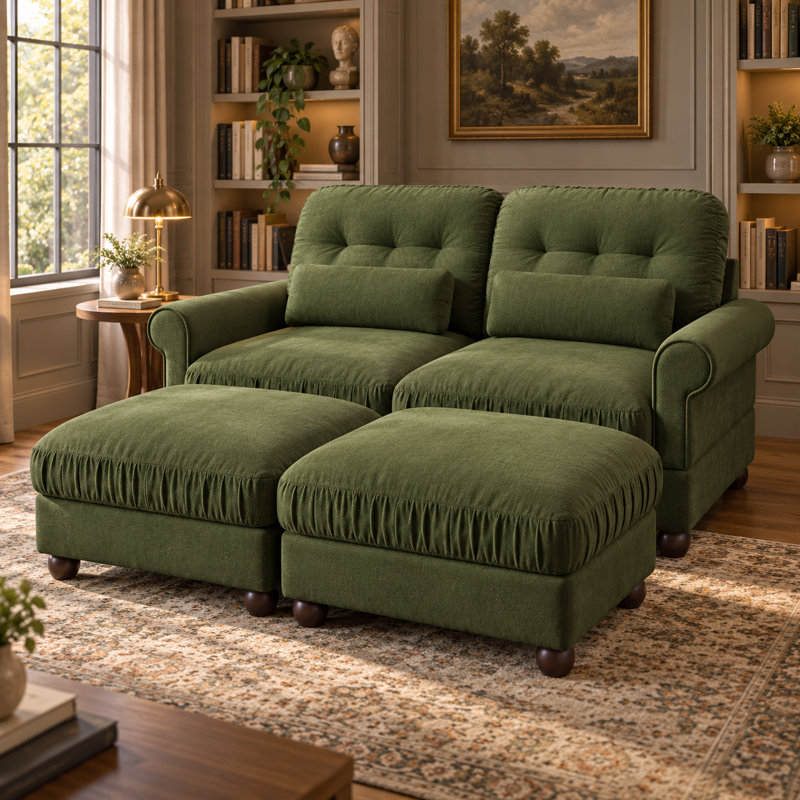 Canapé modulable 2 places en chenille Deerwood de 176 cm de large avec 2 poufs, coussins à volants et coussins lombaires