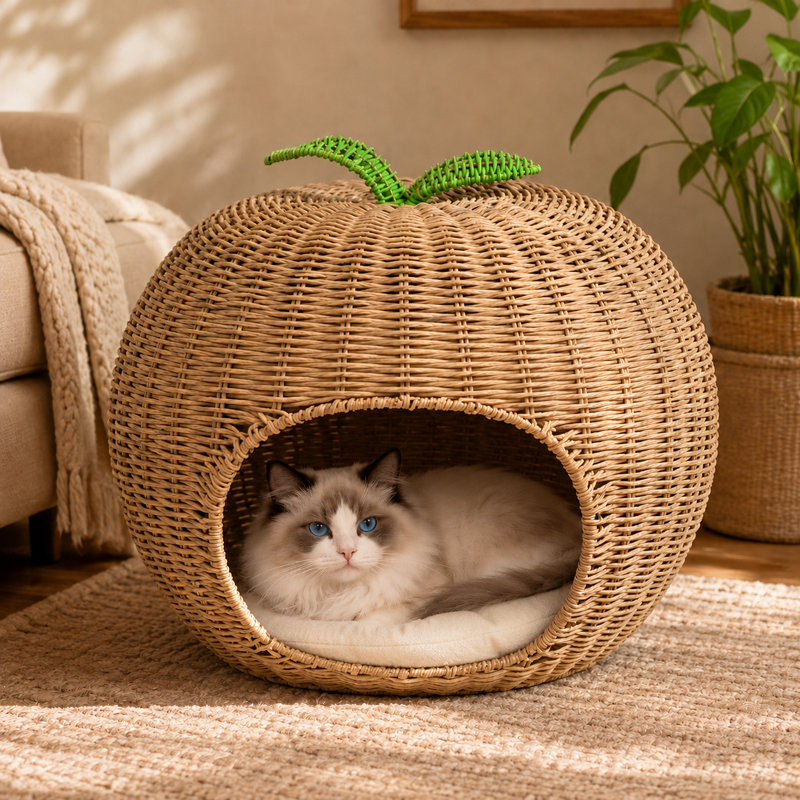 Lit pour chat en osier PE en forme de pomme - maison semi-fermée semi-fermée tissée à la main pour animaux de compagnie, nid de chat intérieur respirant pour petits animaux de compagnie de taille moyenne de moins de 20 lb, rotin naturel