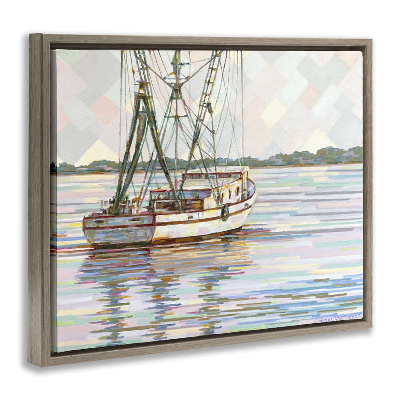 Art mural sur toile flottant, "Shrevp bateau on the San Sebastian", par Linda Sperruche, Cadre flottant orme Montalcino