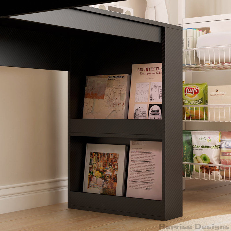 Bureau en L avec chargeur, tiroirs, bibliothèque