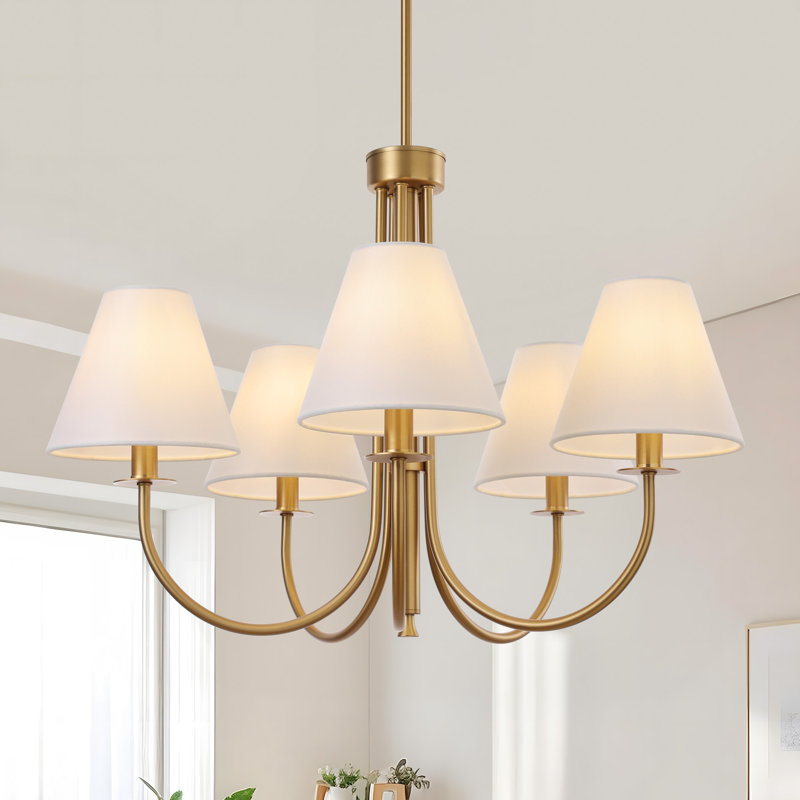 Gold 5 - Light 27"W Dimmable Classic / Traditional Chandelier with White Linen Shade for Dining Room, Antique Gold