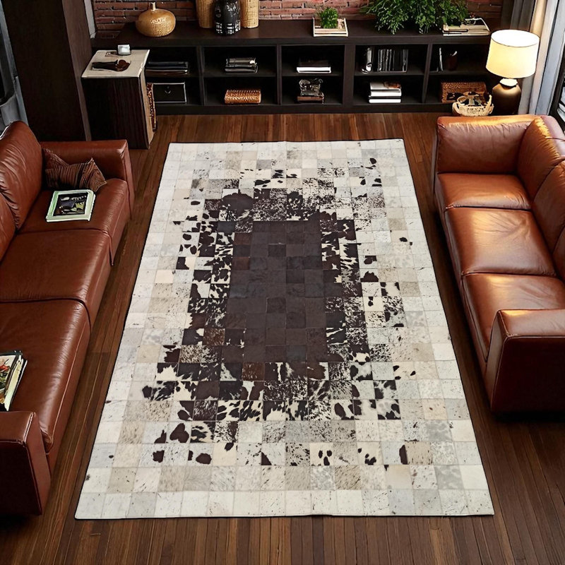 Tapis en cuir de vache brun et blanc, tapis en cuir véritable, Rectangulaire 8 pi x 10 pi