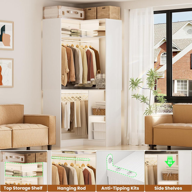 34" W Corner Closet System with Hanging Rods, White