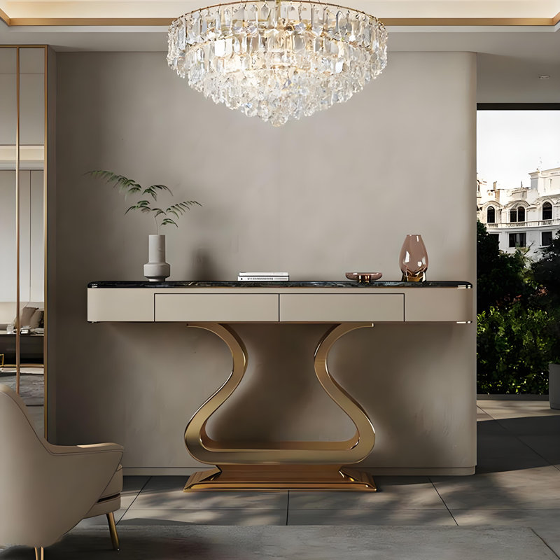 Console légère en métal de style luxueux., H 38 po x l 55 po x P 13,7 po
