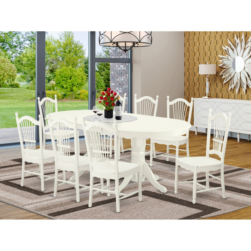 9 Piece Dining Room Table Set Includes an Oval Wooden Table with Butterfly Leaf and 8 Kitchen Dining Chairs, Linen White, 9