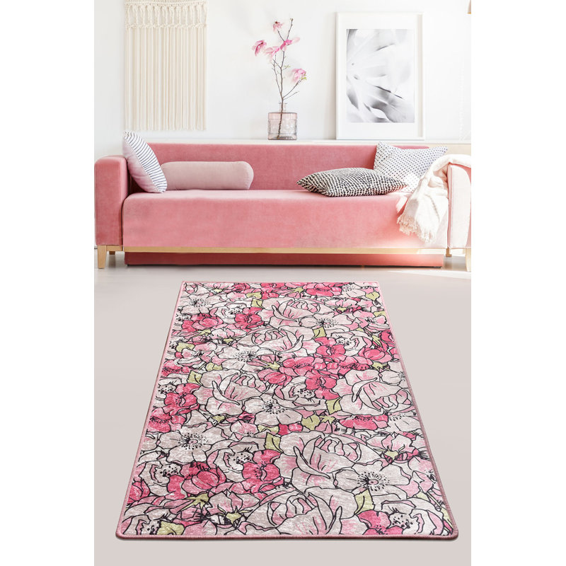 Tapis rose / gris touffeté à la machine Bakirkoy, Rectangle 5 pi 3 po x 7 pi 7 po