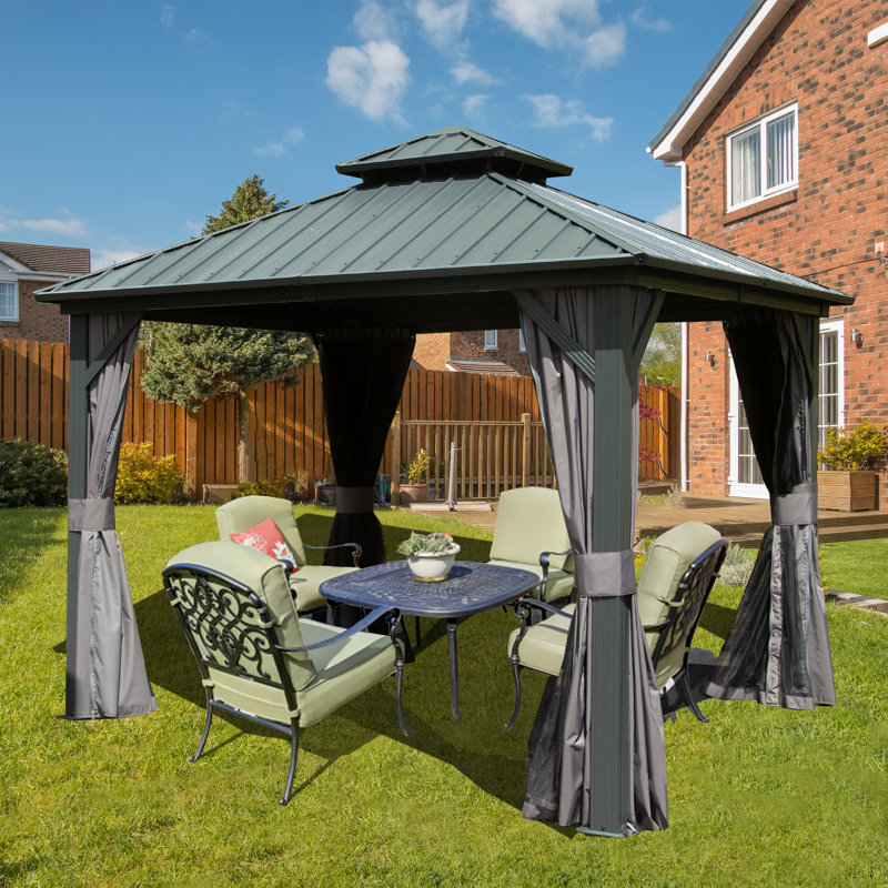 Pavillon de jardin en acier galvanisé avec double toit en pente, 9,8 pi x 9,8 pi