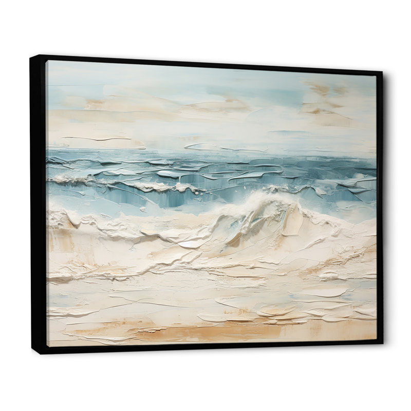 «Beige et bleu plage tranquille» sur toile, Cadre flottant noir, H 16 po x l 32 po x P 1 po