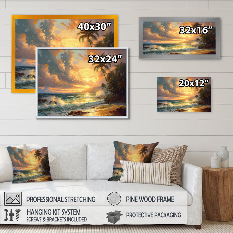 Orange et jaune bord de mer sérénité - art mural plage, salon, Cadre photo noir, H 12 po x l 20 po x P 1 po