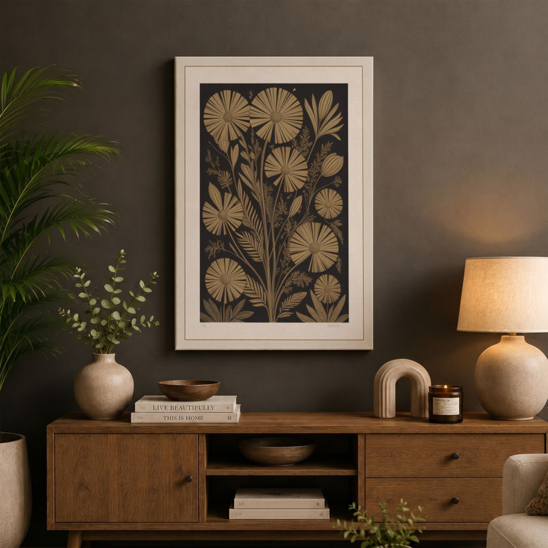 Golden Flower Study Botanical - Wrapped Canvas, 18x12 - 45.7 x 30.5 cm, Teal Border