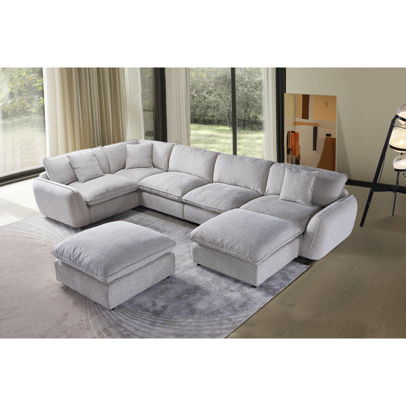 Modular Down Filled Chenille Large 7-Seat Sofa Solid Wood Cloud Couch Sectional with Two Ottoman, Deeper & Wider Seat