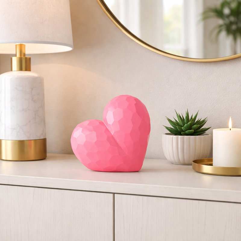 Decorative Resin Heart Shaped Object for Home Decor - Modern Hand-Painted Tabletop Accent Piece for Coffee Table or Living Room Decoration - 9", Pink