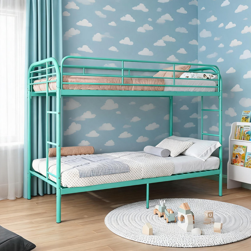 Structure de lit superposé à profil bas, lit simple au-dessus de simple vert sauge en métal avec garde-corps pleine longueur, lit peu encombrant pour chambre à coucher ou dortoir