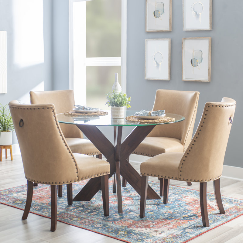 Alejoa 5-Piece Round Glass Pedestal Dining Set, Espresso