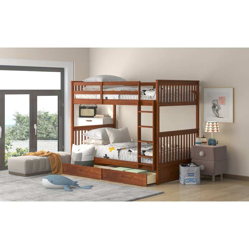Lit superposé simple au-dessus de simple avec échelles et deux tiroirs de rangement (noyer) (VIEUX SKU: LT000265AAD), Noyer