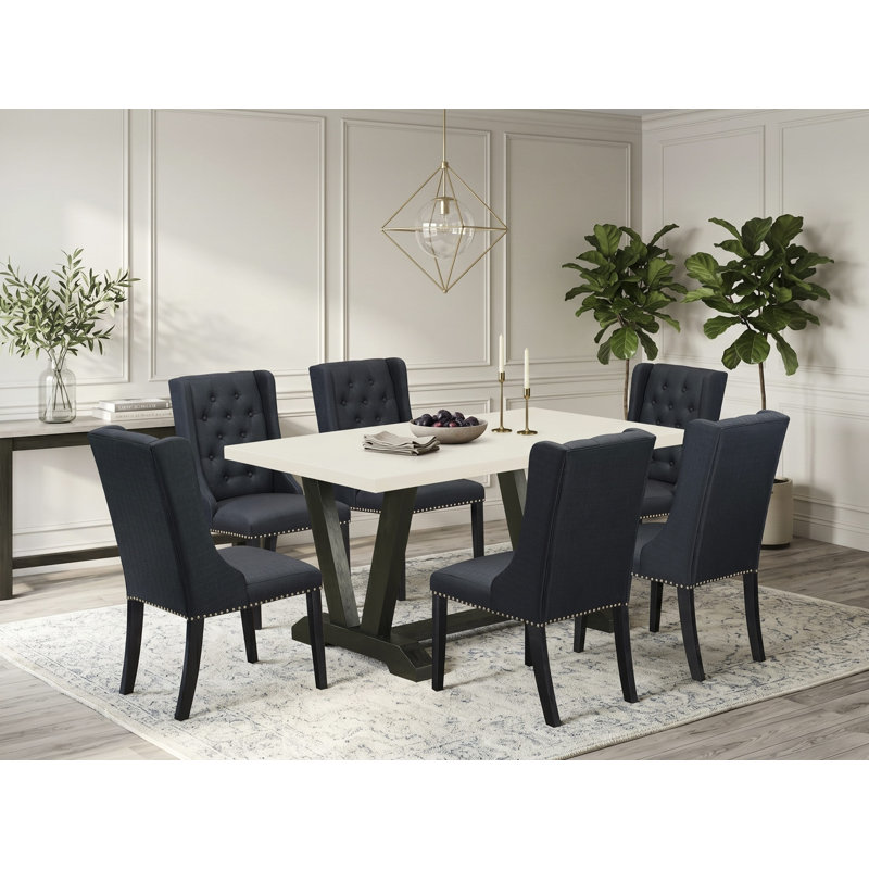Table de salle à manger 7 pièces à plateau en bois massif avec 6 chaises et dossier en treillis