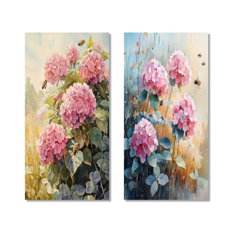 Hydrangeas in the Clover Field I – Hydrangea Metal Wall Art Set of 2 Prints, 40" H x 40" W