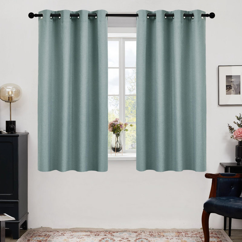 Faux Linen Total Blackout Curtains, Noise Reducing Grommet Panels with Black Backing (Set of 2), 52" W x 63" L, Light Green