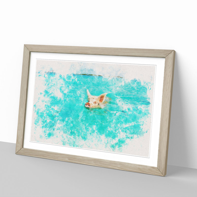 Swimming Pig - Picture Frame Painting, 48cm H x 65cm W x 2cm D, Oak Framed