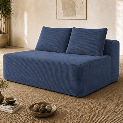 Longue médiane de 58 pouces à 2 places avec velours gris moelleux, porte-gobelet, assorti et flexible, principalement pour le salon (tissu en velours côtelé), bleu