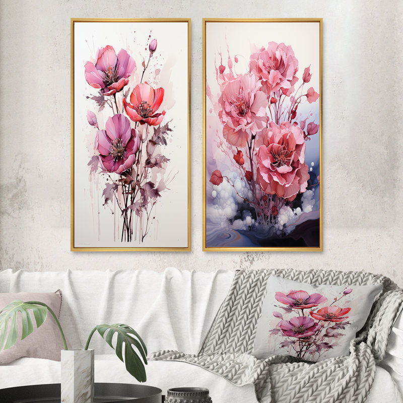 " Pink Minimalism Simplicity In Bloom " 2 - Pieces, Gold Framed, 20" H x 24" W
