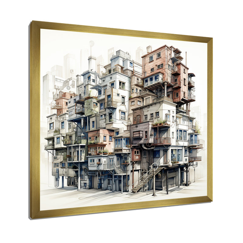 Dessin d'analyse d'un bâtiment urbain IV sur toile, Cadre doré simple, H 30 po x l 30 po x P 1 po