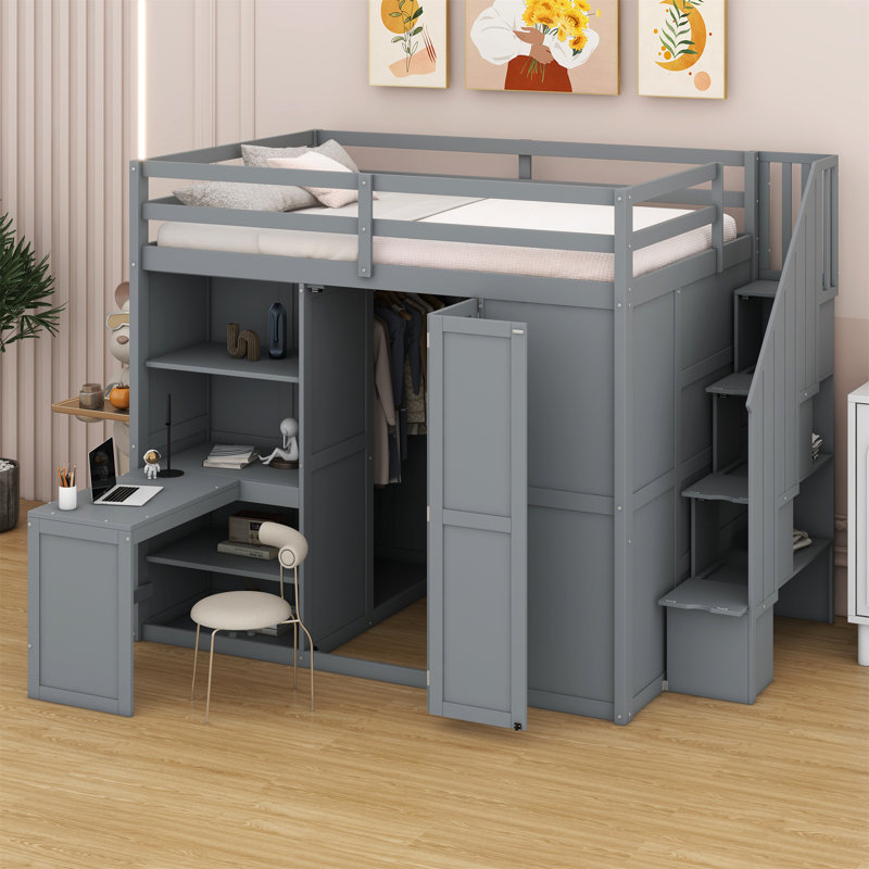 Lit mezzanine avec garde-robe, bureau et tablettes, Gris