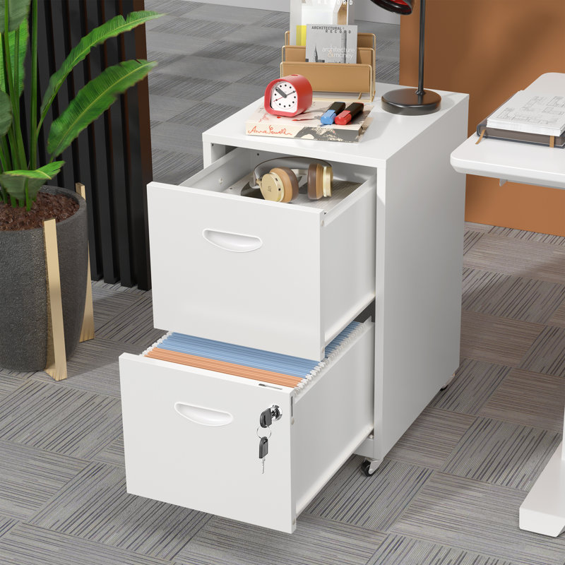2 Drawer Rolling File Cabinet on Wheels, White Mobile Two Drawer Filing Cabinet with Lock, Small Files Cabinets for Under Desk, Metal Filing Cabinets for Letter Size Folders