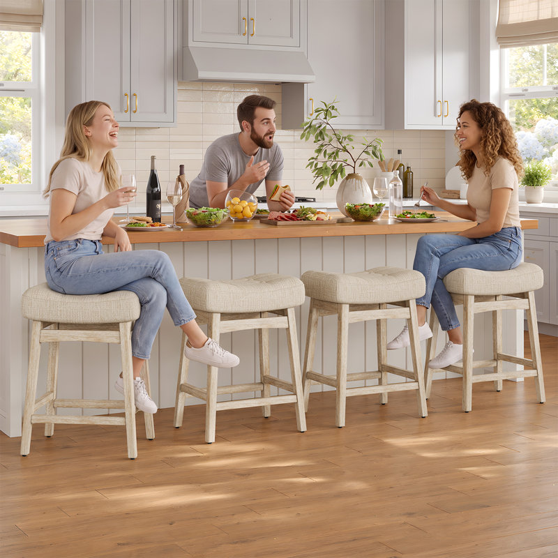Tabouret de bar rembourré en forme de selle avec cadre en bois massif (ensemble de 3), Lin beige / bois, 3