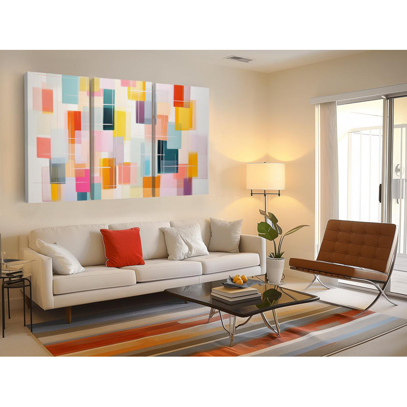 Reproduction de peinture sur toile Triptych: abstrait géométrique audacieux - palette de couleurs vibrantes, options roulées ou encadrées, décor de maison moderne