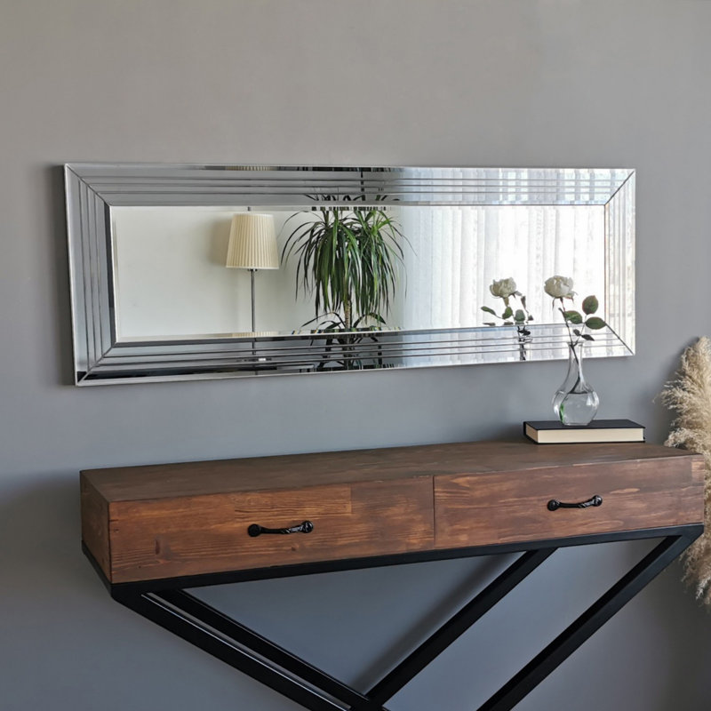 Miroir mural moderne argent moderne, 47,2 po x 15,7 po x 0,9 po | 100% panneau de fibres à densité moyenne, réglable pour l'affichage horizontal et vertical | Conception élégante de couleur unie, parfaite pour la décoration intérieure et les vestibules, élégante et fonctionnelle