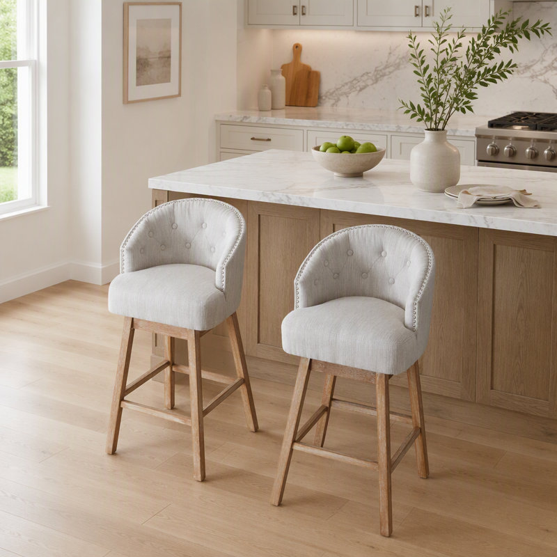Ensemble de 2 tabourets de comptoir pivotants 33,25 pouces, rembourrés avec structure en bois d'hévéa massif, dossier, repose-pieds pour bar et cuisine