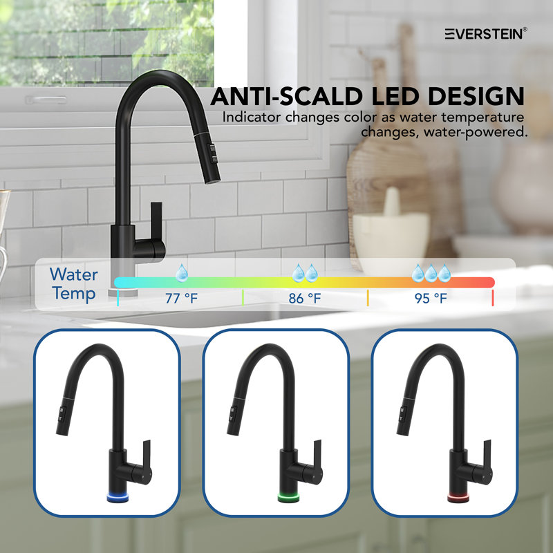  Pull Down Sprayer Kitchen Sink Faucet, Single Handle Kitchen Faucet with LED Light Base, Matte Black